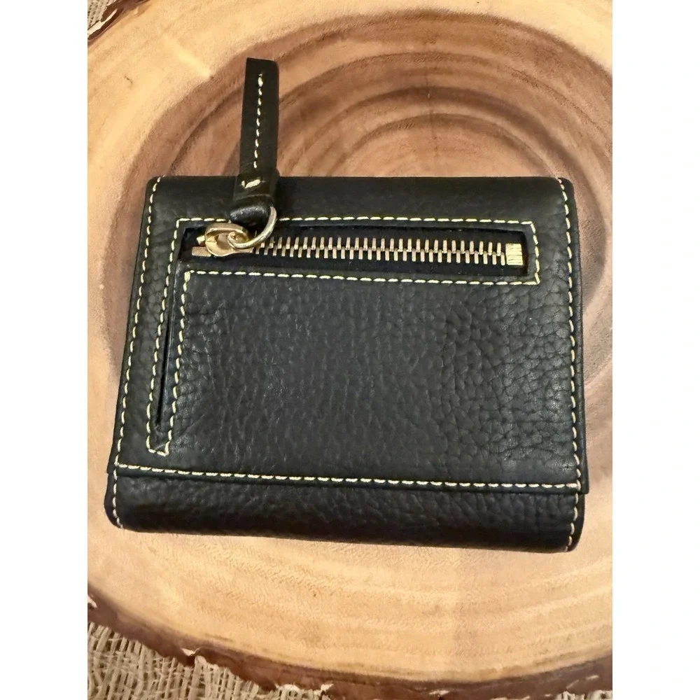 Dooney & Bourke Pebble Grain Leather Flap Zip Wallet BLACK Tri Fold